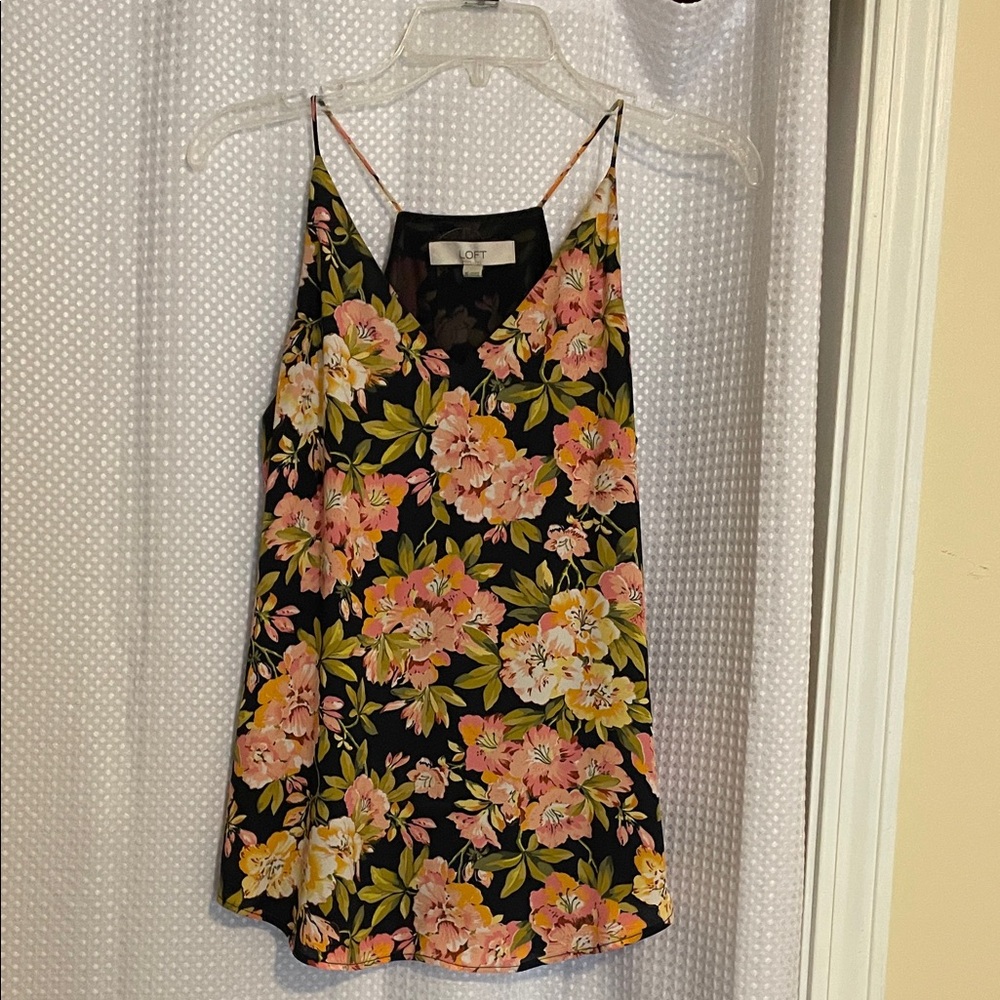 LOFT Blue Floral Spaghetti-Strap Camisole with Pink and Yellow Blooms